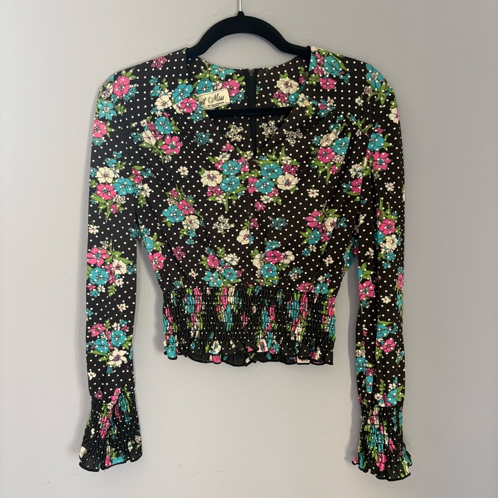 Vintage 70s does 30s Floral Blouse / 1970s Ruched Blouse / 1930s Style Polka Dot